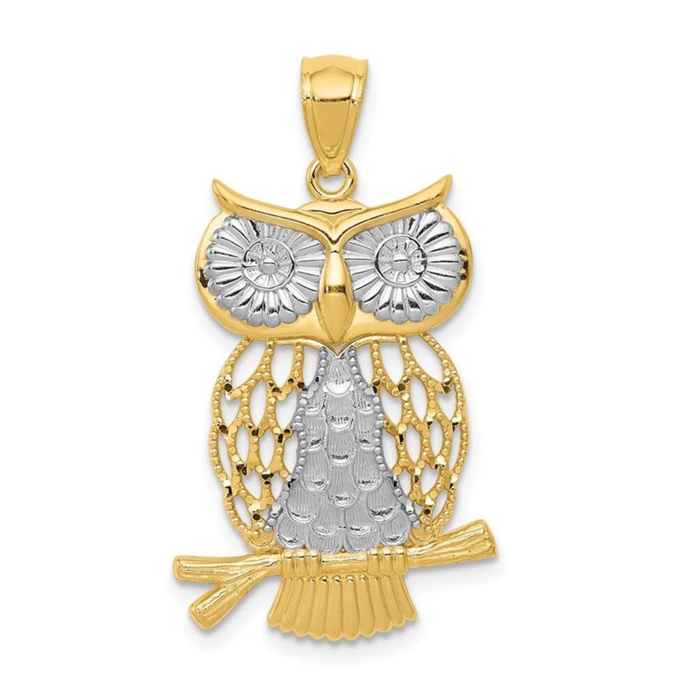 14k Yellow Gold & White Rhodium Moveable Owl Pendant, 17mm (5/8 inch)